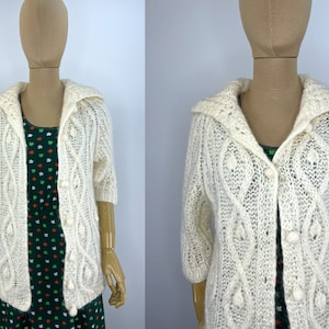 Vintage 1960s/1970s Fuzzy Ivory Hand Knit Cardigan by Montgomery Ward, Cable Knit Cardigan image 1