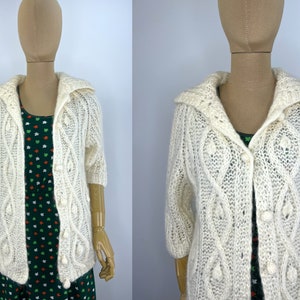 Vintage 1960s/1970s Fuzzy Ivory Hand Knit Cardigan by Montgomery Ward, Cable Knit Cardigan