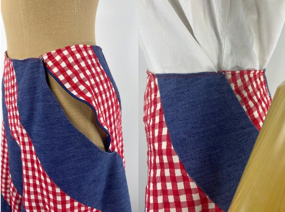 Vintage 1970s Red and White Gingham and Blue Cott… - image 10
