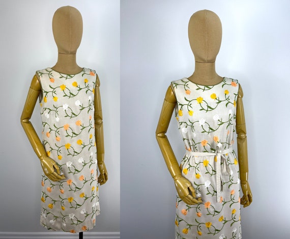 Vintage 1960s Beige Linen Sheath Dress with Multi… - image 1