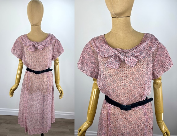 Vintage 1950s Sheer Pink Day Dress.  Pink with Bl… - image 1