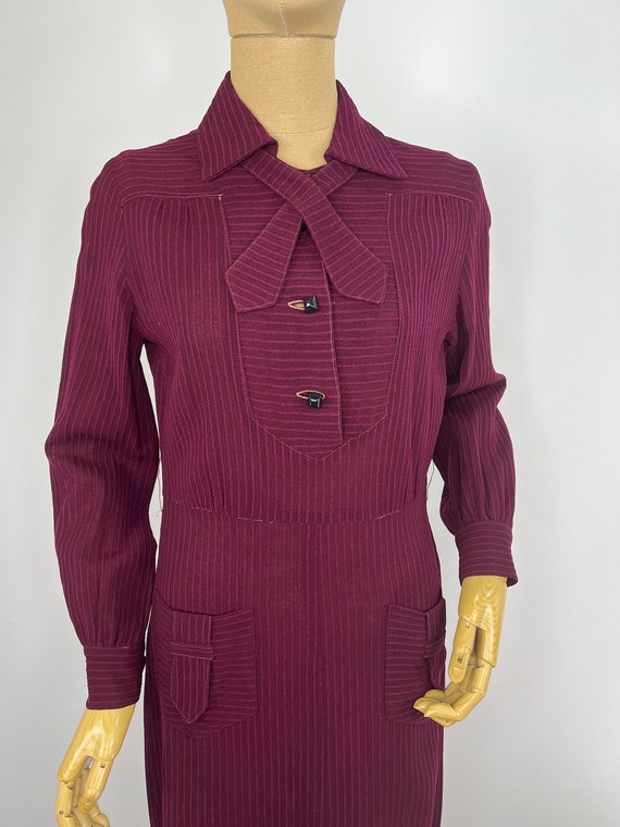 Vintage 1930s Burgundy Self Striped Wool Voile Da… - image 8