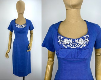 Vintage Late 1950s/Early 1960s Blue Linen Wiggle Dress Embellished With White Seed Beads and Rhinestones.  Stunning!