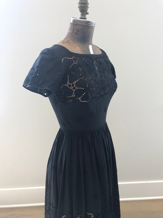 1950s Black Cotton Eyelet Dress