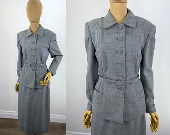 Vintage Late 1940s/Early 1950s Stone Blue Skirt Suit with Matching Covered Belt.  Covered Buttons, Hip Detail.