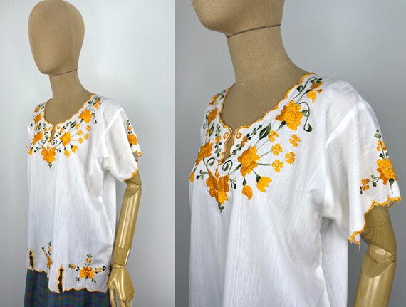 Vintage 1960s/1970s White Boho Blouse with Yellow… - image 8