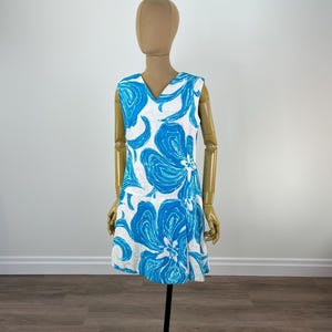 Vintage 1960s/1970s White with Bold Blue Floral Skort Romper with Pleated Side Kick Pleat by Alice of California