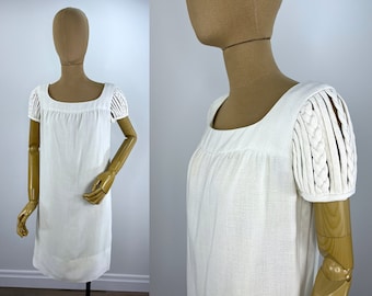 Vintage 1960s White Shift Dress with Braided Cap Sleeves