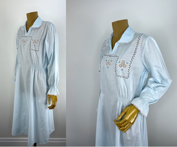 Vintage Pale Blue Cotton Nightgown with Crocheted… - image 2