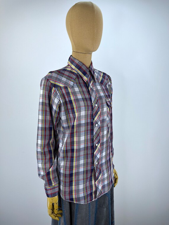 Vintage 1970s Blue Plaid Wrangler Western Style S… - image 5