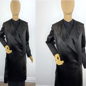 Vintage 1920s Black Silk Satin Coat with Braided Trim Sunburst Details Large Collar and Large Deco Button.  Fab Silk Lining