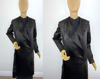 Vintage 1920s Black Silk Satin Coat with Braided Trim Sunburst Details Large Collar and Large Deco Button.  Fab Silk Lining