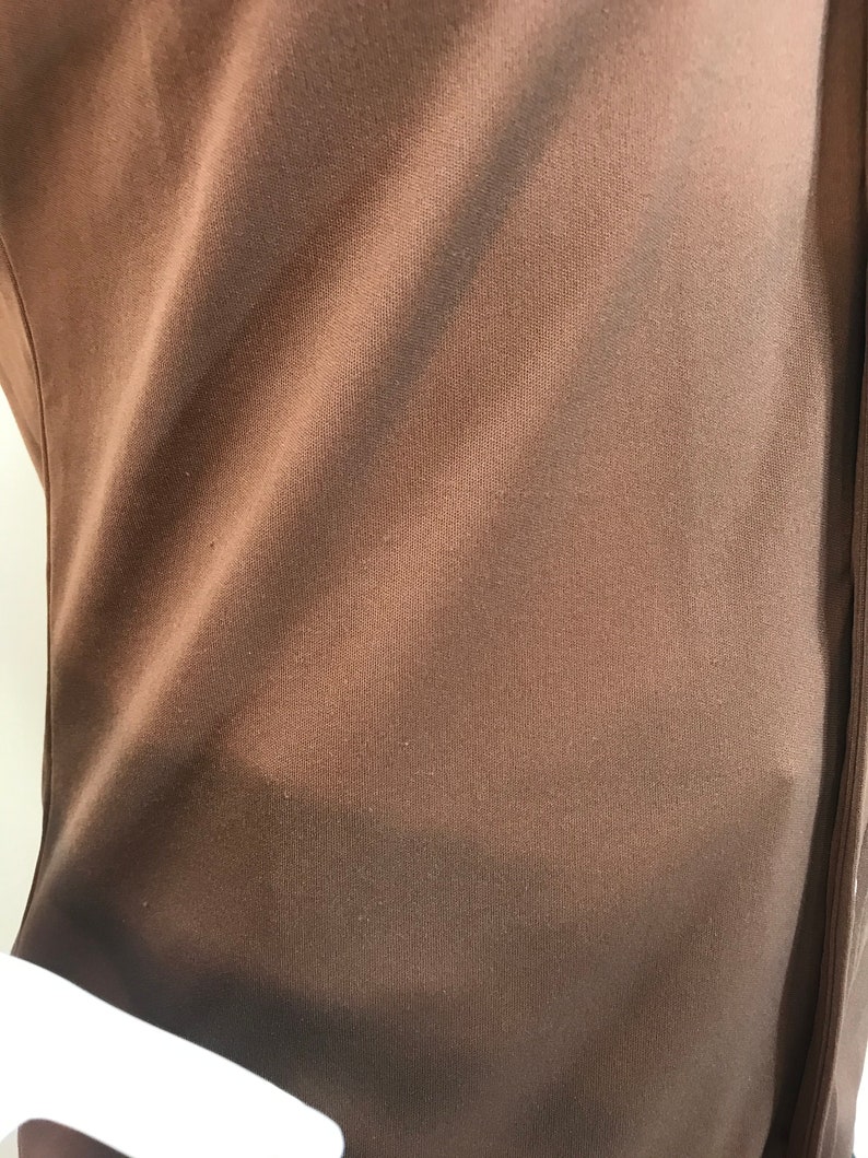 Curved Hem Deep Collar Points Van Heusen VanKnit Long VIntage 1970s Brown Polyester Short Sleeve Shirt Disco Shirt
