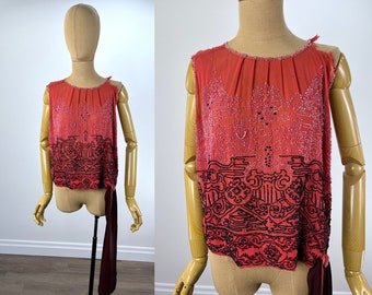 Vintage 1920s Raspberry Silk Heavily Beaded Blouse with Waist Tie For Study, Inspiration or Pattern