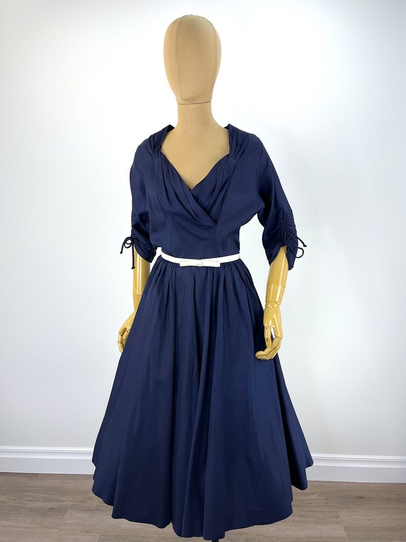 Vintage Late 1940s/Early 1950s Navy Blue Dress wi… - image 5