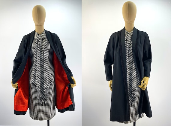 Evening coat in thin clearance black striped red silk faille
