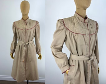 Vintage 1980s Taupe Coat with Mauve Piping, Quilted Yoke and Waist Tie.