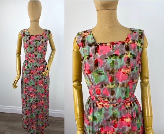 Vintage 1960s Red, Pink, Green and Chocolate Floc… - image 1