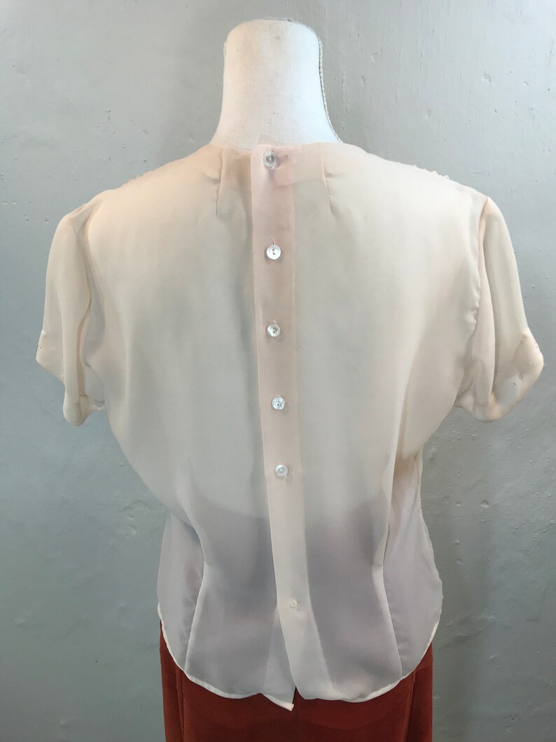 Vintage 1980s Sheer Blush Short Sleeve Shell with Floral Embroidery Buttons Up the Back
