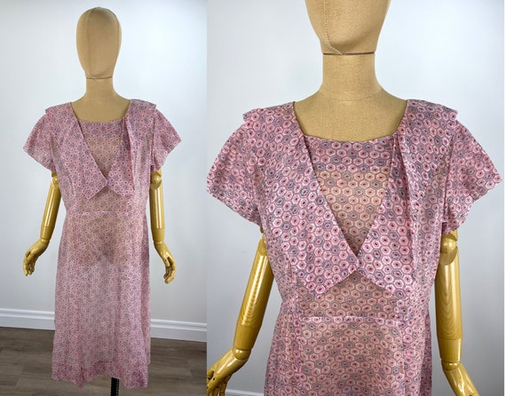 Vintage 1950s Sheer Pink Day Dress.  Pink with Bl… - image 9