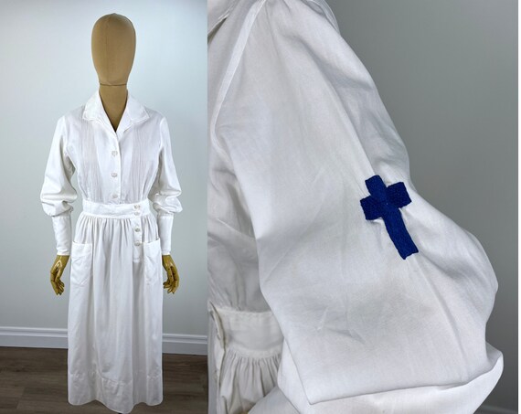 Vintage 1940s White Cotton Nurse Uniform With Emb… - image 2