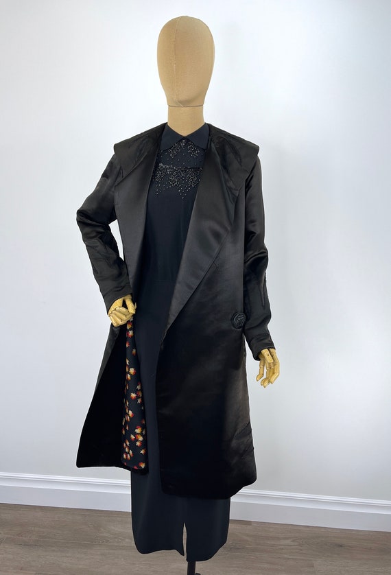 Vintage 1920s Black Silk Satin Coat with Braided … - image 3
