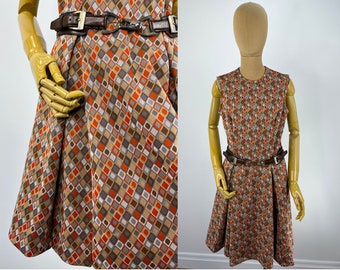 Vintage 1960 Autumnal Colored Knit Diamond Print Dress with Pleated Skirt  Vintage Orange Grey and Tan Double Knit Mod Dress