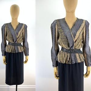 Vintage 1980s Secretary Dress, Blouse with Surplice Neckline and Peplum, Straight Black Skirt.  1980s Does 1940s.  Bold Shoulder.  Size 8