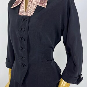 Nipped Waist Vintage Jacket 1940s 1950s Black Faille Evening Suit Beaded Dickie Collar Two Piece Formal Set Retro Style Cocktail Attire Dusty Rose Pearl Details A Line Skirt Ensemble Authentic Mid Century Fashion Double Button Closure