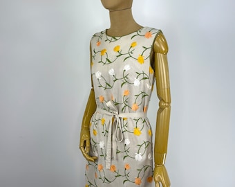 Vintage 1960s Beige Linen Sheath Dress with Multicolor Floral Embroidery with Matching Beige Belt  L'Aiglon Dress