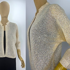 Vintage 1950s French Vanilla Colored Cardigan with Clear Seed Beads and Iridescent Sequins, 3/4 Length Sleeves