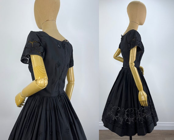 Vintage 1950s Black Cotton Floral Eyelet Dress wi… - image 5