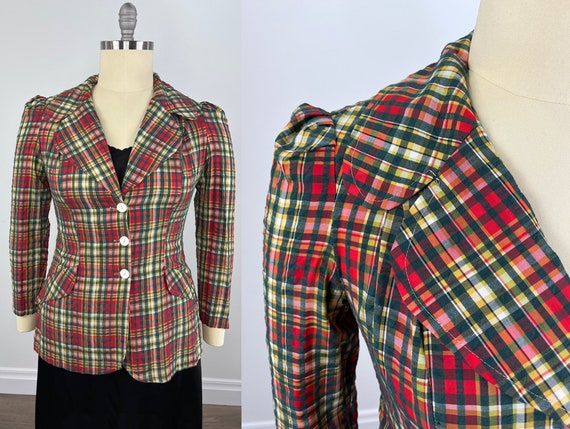 Vintage 1970s Red and Green Plaid Seersucker Blaz… - image 1