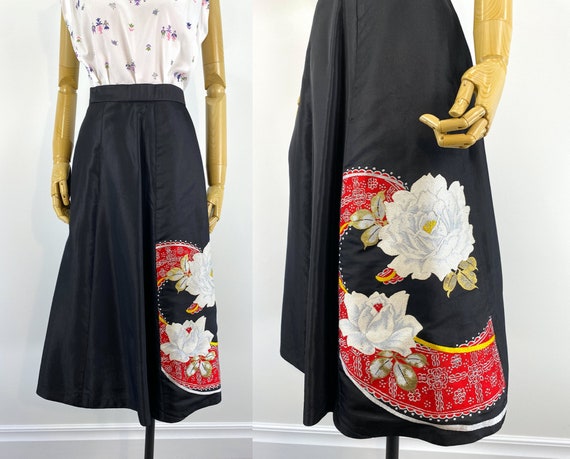 Vintage 1950s Black Taffeta A-Line Skirt with Bro… - image 1
