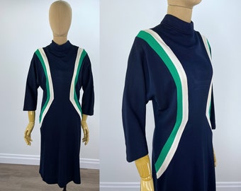 Vintage 1960s Navy Blue Color Block Knit Dress with Green and White Strips, Turnover Mockneck, Handmade
