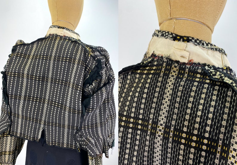 Vintage Victorian/Edwardian Black, Off White and Yellow Woven Bodice. Pigeon Breasted Woven Bodice image 10