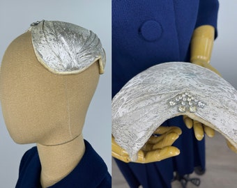 Vintage 1940s Silver Brocade Bridal Hat with Rhinestone Deco.  1940s Silver Brocade Structured Hat.  One Size Fits All