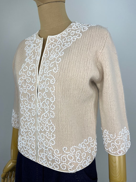 Vintage 1960s Beige Cardigan, White Seed Bead Scr… - image 2