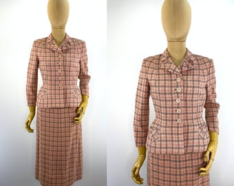 Vintage Late 1940s/Early 1950s Pink and Grey Plaid Tweed Suit, Padded Hip.  Vintage Saint Maur Inc. Pink Wool Suit Made in New York