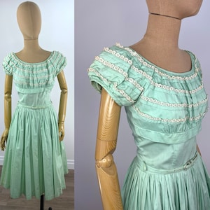 Vintage 1950s Lime Green Cotton Fit and Flare Dress, Pleated Circle Skirt, Bubble Sleeves, Rows of Applied Trim & Matching Belt. Handmade