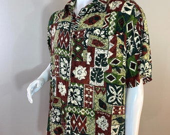 Vintage herenshirt van rayon met Hawaiiaanse print in groen, kastanjebruin, citroen en ivoor, maat XL