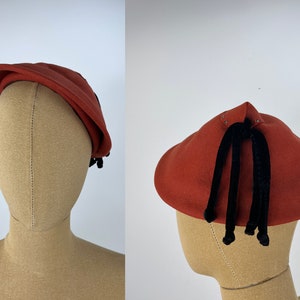 Vintage 1940s/1050s Rust Colored Wool Felt Coolie Hat with Black Velvet Dangle Trim and Rhinestones