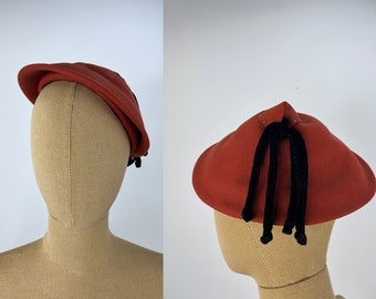 Vintage 1940s/1050s Rust Colored Wool Felt Coolie Hat with Black Velvet Dangle Trim and Rhinestones