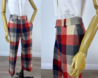 Pantalon en laine à carreaux rouges vintage des années 1970, pantalon unisexe. Pantalon à carreaux en laine rouge, bleu, gris et blanc cassé de Country Britches