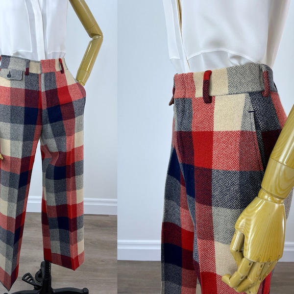 Vintage 1970s Red Plaid Wool Trousers, Unisex Trousers.  Red, Blue, Grey, Off-White Wool Plaid Pants by Country Britches
