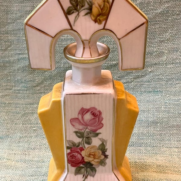 Vintage German Porcelain Perfume Bottle – Art Deco Floral Gilt Accents