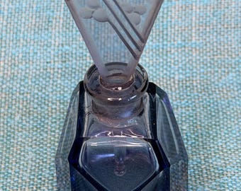 Vintage Art Deco Blue Perfume Bottle  - Crystal, Etched, with Dauber