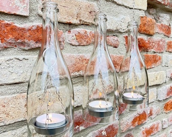 Upcycling- Hängelampe/ Windlicht aus einer Proseccoflasche mit großem Teelicht (klares Glas, 1 Stück)