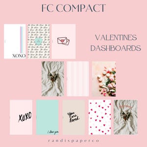 Puede incluir: Un conjunto de nueve tableros digitales temáticos de San Valentín para usar en un planificador digital. Los tableros presentan una variedad de diseños, que incluyen corazones, flores y las palabras "XOXO" y "You are loved".