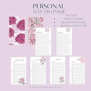 Puede incluir: Insertos de planificador con diseños florales y el texto "PERSONAL DAY ON 1 PAGE". Incluye páginas diarias y mensuales de febrero a mayo. Los papeles decorativos presentan patrones florales rosas y blancos. La marca "randispaperco" está en la parte inferior.